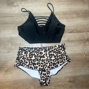 Black Strappy Bikini Top with Leopard Print Bottoms NEVER WORN